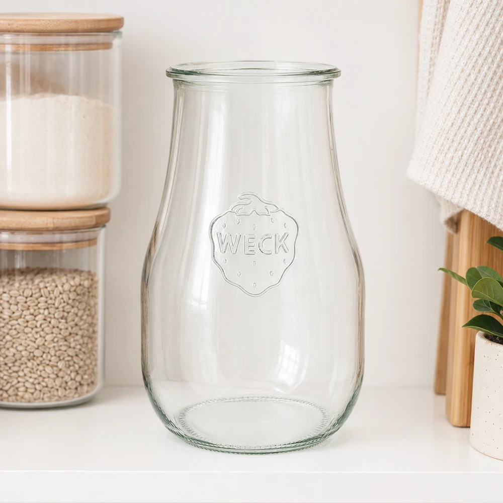 WECK tulpenpot 2700ml RR100 transparant met reliëflogo op wit keukenblad naast voorraadpotten