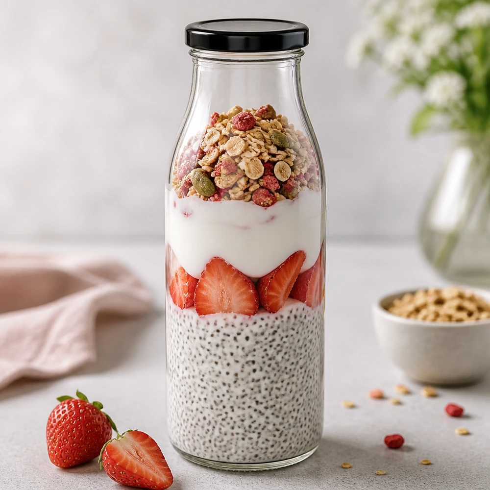 500ml fles met BasicSeal deksel zwart UNiTWIST 500 ml glazen fles met zwart deksel voor chia pudding met aardbeien en muesli overnight oats ontbijt