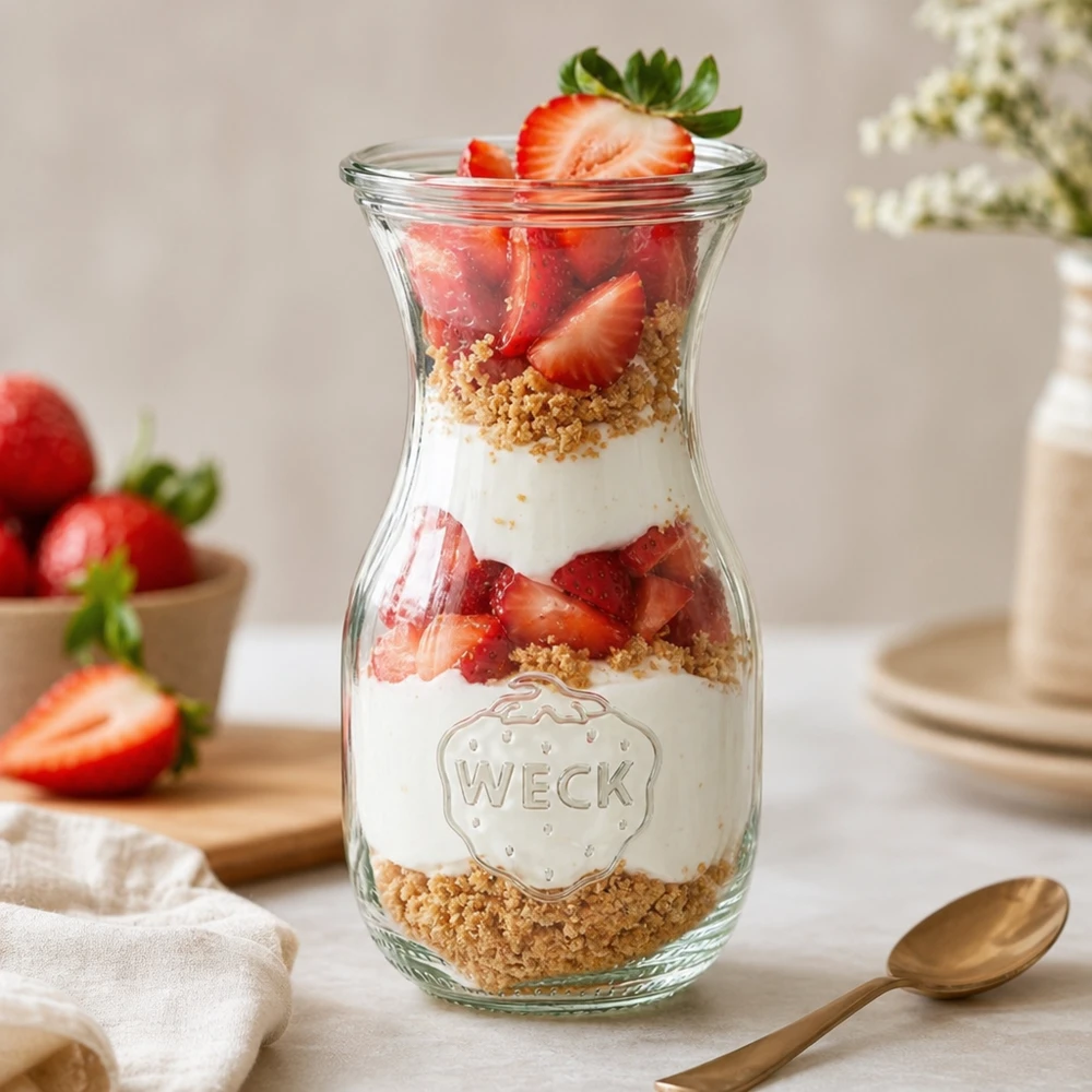 Sapfles van 290 ml met glazen deksel WECK RR60 WECK sapfles 290ml RR60 als dessertpot met aardbeien, yoghurt en koekkruimels gelaagd op een witte tafel