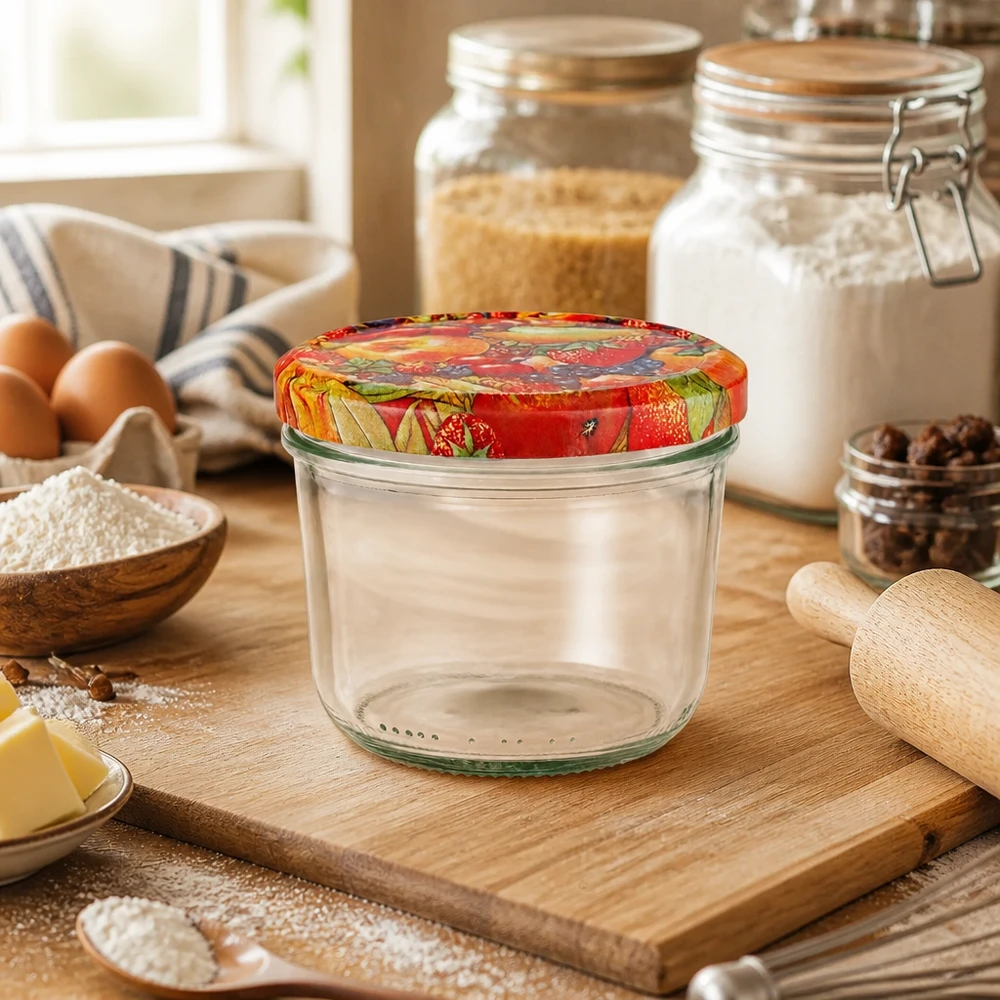 Lege bekers van 230 ml met BasicSeal fruitdecor deksel in de keuken op een houten plank naast bakingrediënten en voorraadpotten