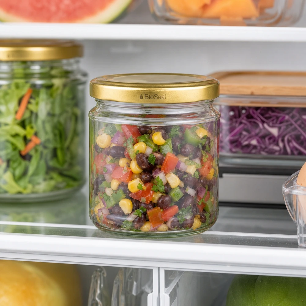 212ml rond glas met BioSeal deksel goud UNiTWIST UNiTWIST ronde pot 212ml met gouden TO66 BioSeal deksel gevuld met bonensalade bewaard in de koelkast