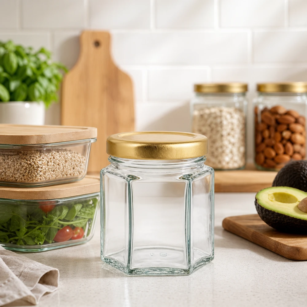 Honingpot 60 g met gouden deksel BasicSeal UNiTWIST 60g honingpot zeshoekig leeg in moderne keuken met voorraadpotten avocado en houten plank als decoratie