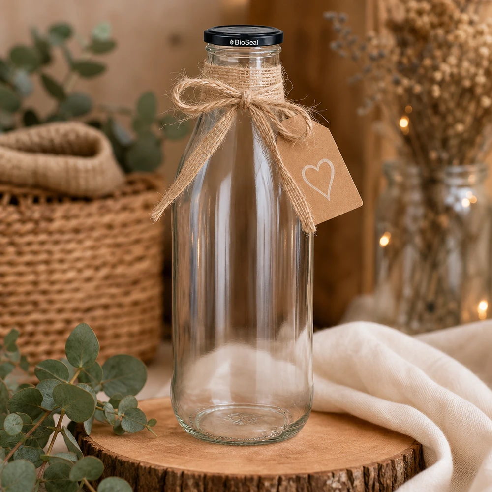 1000ml fles met BioSeal deksel zwart UNiTWIST 1000ml glazen fles BioSeal deksel op houten schijf gedecoreerd jute strik hart hanger rustieke decoratie duurzaam