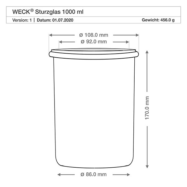 1000ml stortglas WECK RR100 met kurk Technische tekening WECK beker 1000ml RR100 met afmetingen Diameter 108mm 92mm 86mm Hoogte 170mm Specificatie
