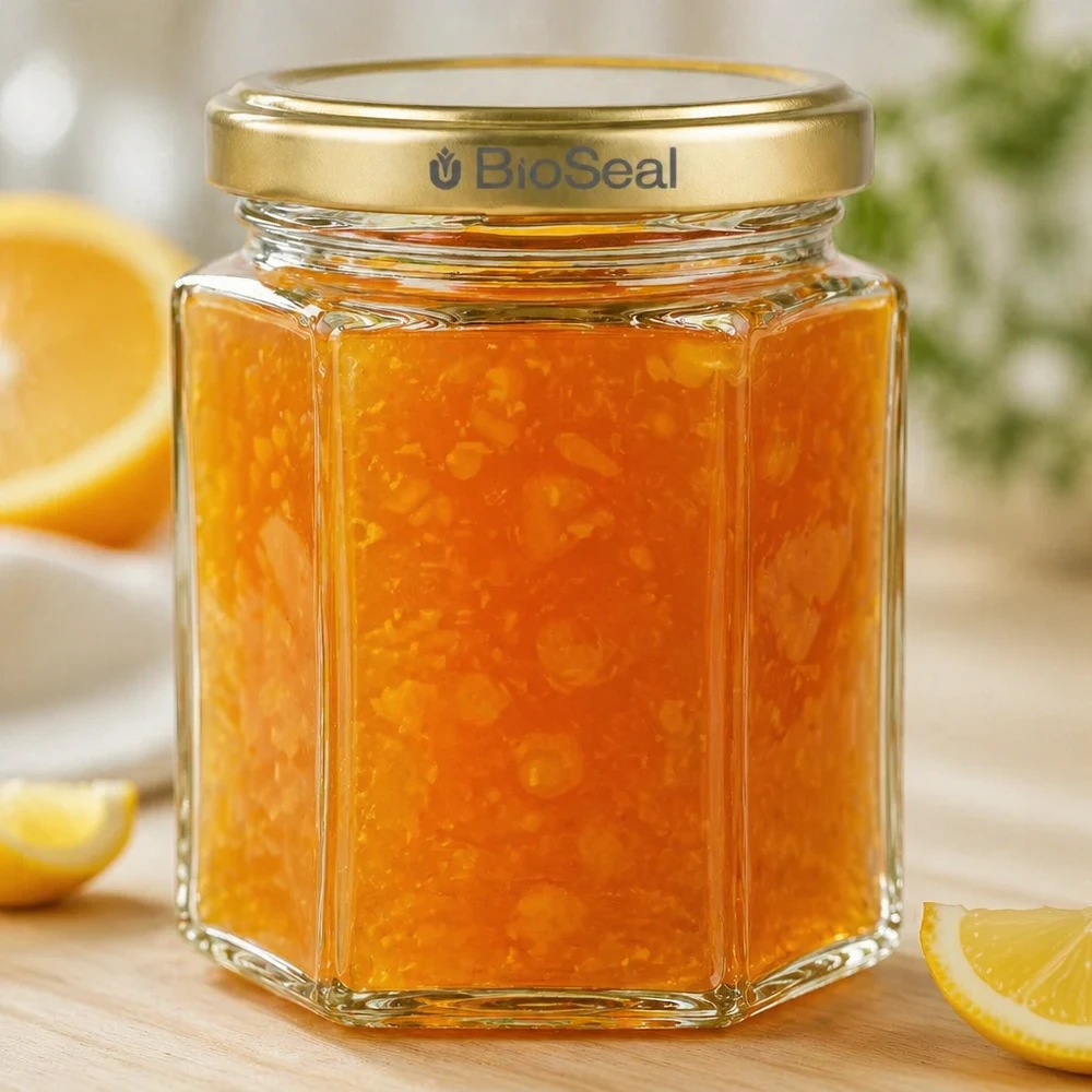 Honingpot 250 g met gouden BioSeal UNiTWIST-deksel 250g honingpot zeshoekig gevuld met sinaasappelmarmelade BioSeal gouden deksel naast sinaasappelschijfjes op houten plank