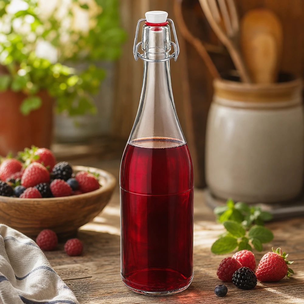 750 ml glazen fles + draaidop PVC UNiTWIST 750ml glazen fles swing top gevuld met bessensap keuken stilleven gemengde bessen fruitdrank rustiek