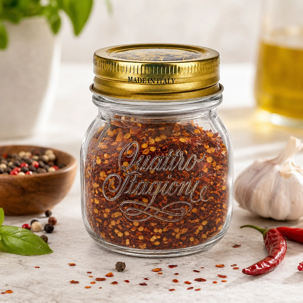 150ml Quattro Stagioni rond potje met gouden deksel gevuld met chilikruidenmix Gemaakt in Italië