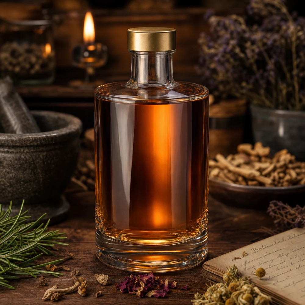 375 ml glazen fles Sam + schroefdop goud UNiTWIST® 375 ml Sam glazen fles met gouden schroefdop gevuld met amberkleurige vloeistof rustiek kruidenlandschap
