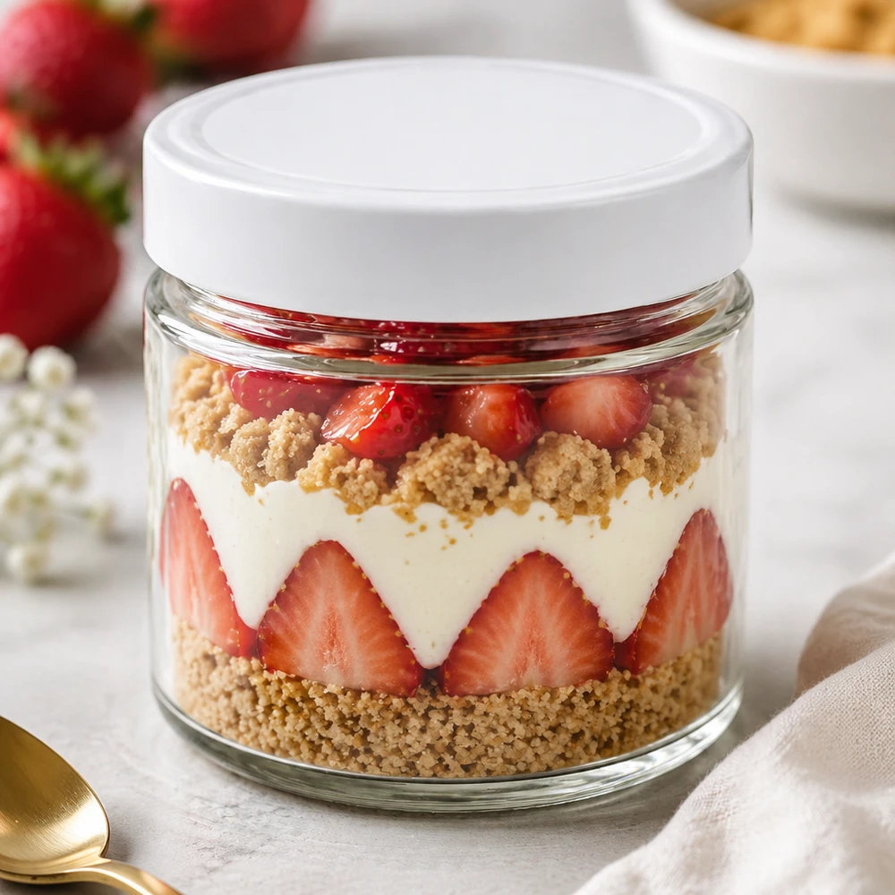 135ml rond glas met BasicSeal deksel wit deep UNiTWIST 135ml rond glas BasicSeal deksel wit dessertglas gelaagd dessert aardbeien room kruimel tiramisu dessert