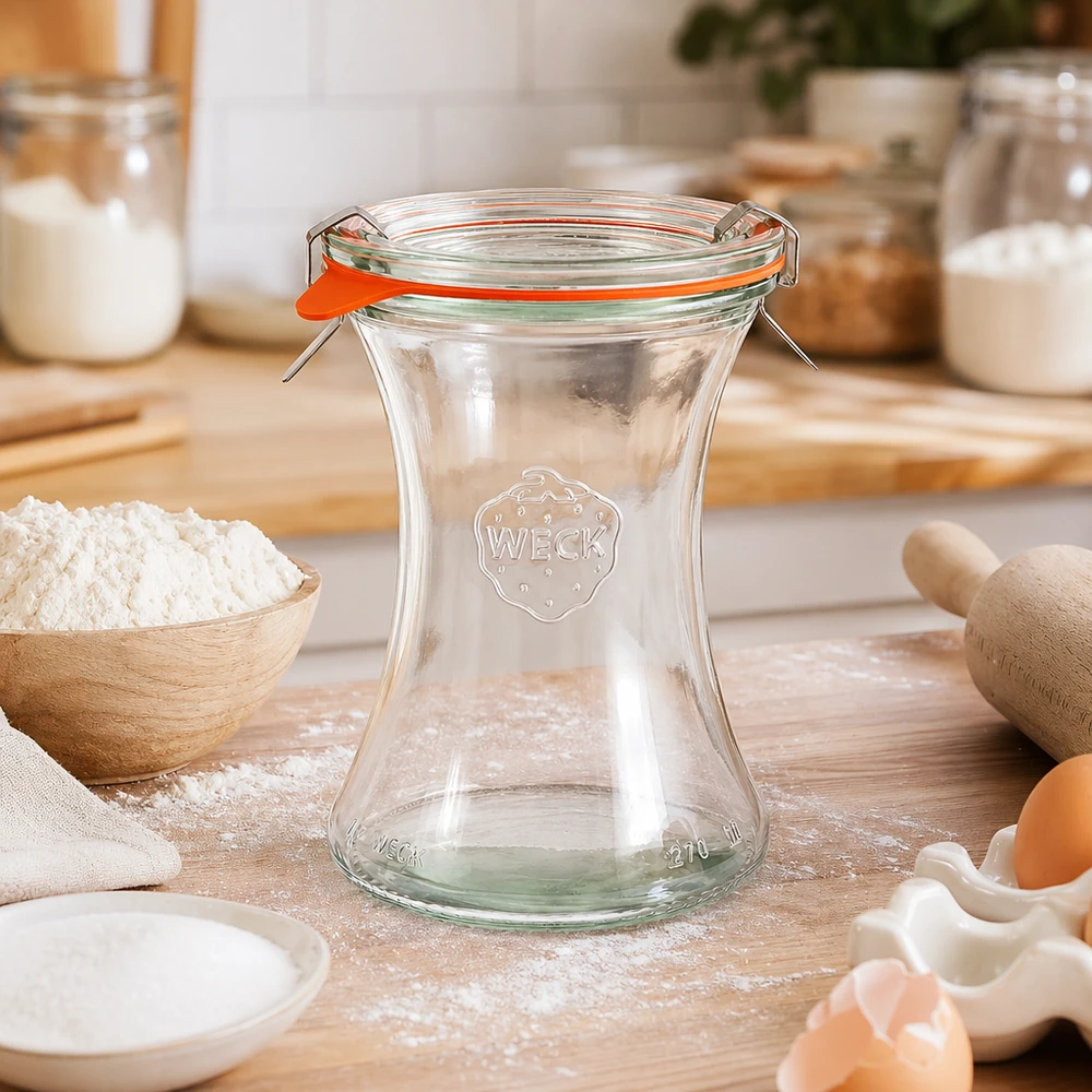370 ml delicatessenpot, compleet WECK RR80 WECK delicatessenpot 370ml RR80 leeg in keuken met bakingrediënten bloem eieren houten keukengerei sfeer keuken