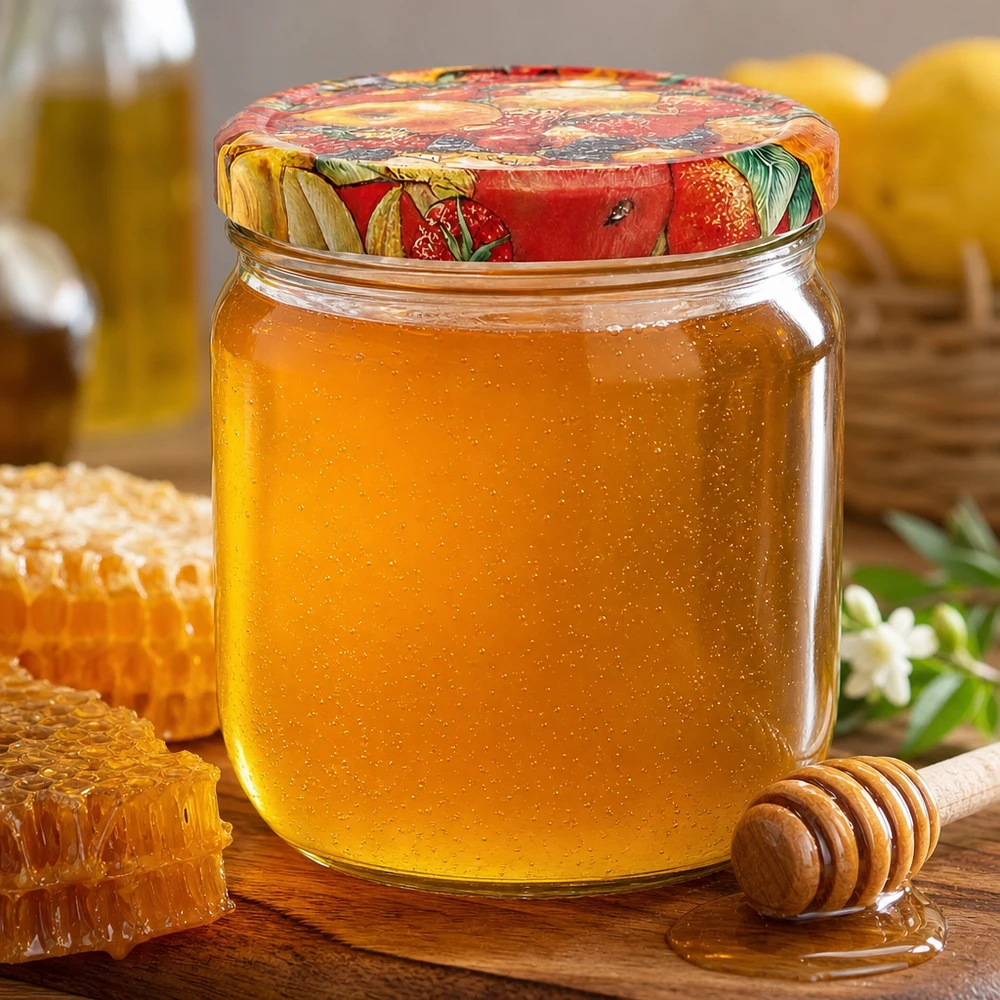 425ml rond glas met BasicSeal deksel Fruit decor UNiTWIST 425ml ronde pot BasicSeal fruitdecor deksel gevuld met gouden honing honingpot voorraadpot houten tafel honingraat honinglepel