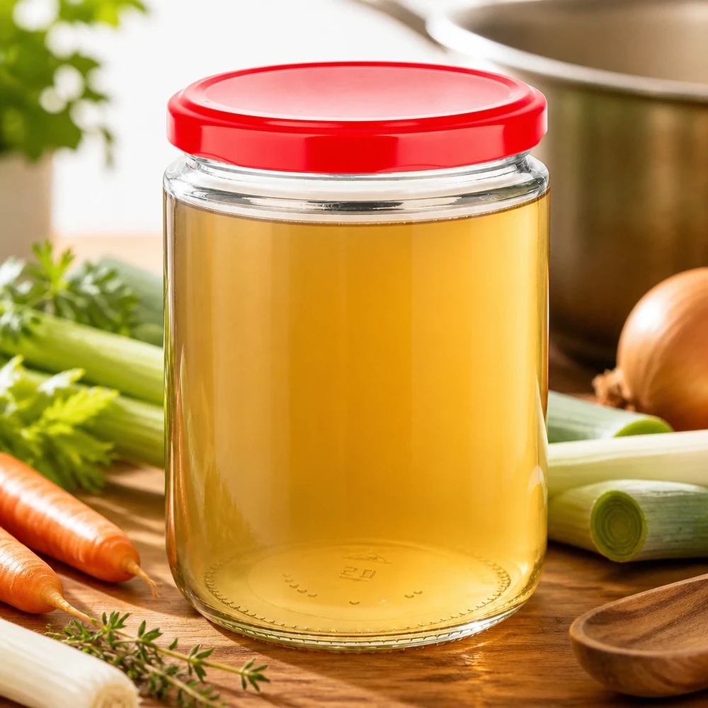 490 ml rond glas + BasicSeal-deksel rood UNiTWIST 490 ml UNiTWIST ronde glazen pot met rode BasicSeal-deksel, keuken, bewaren, bouillon, soep, voorraad, inmaken