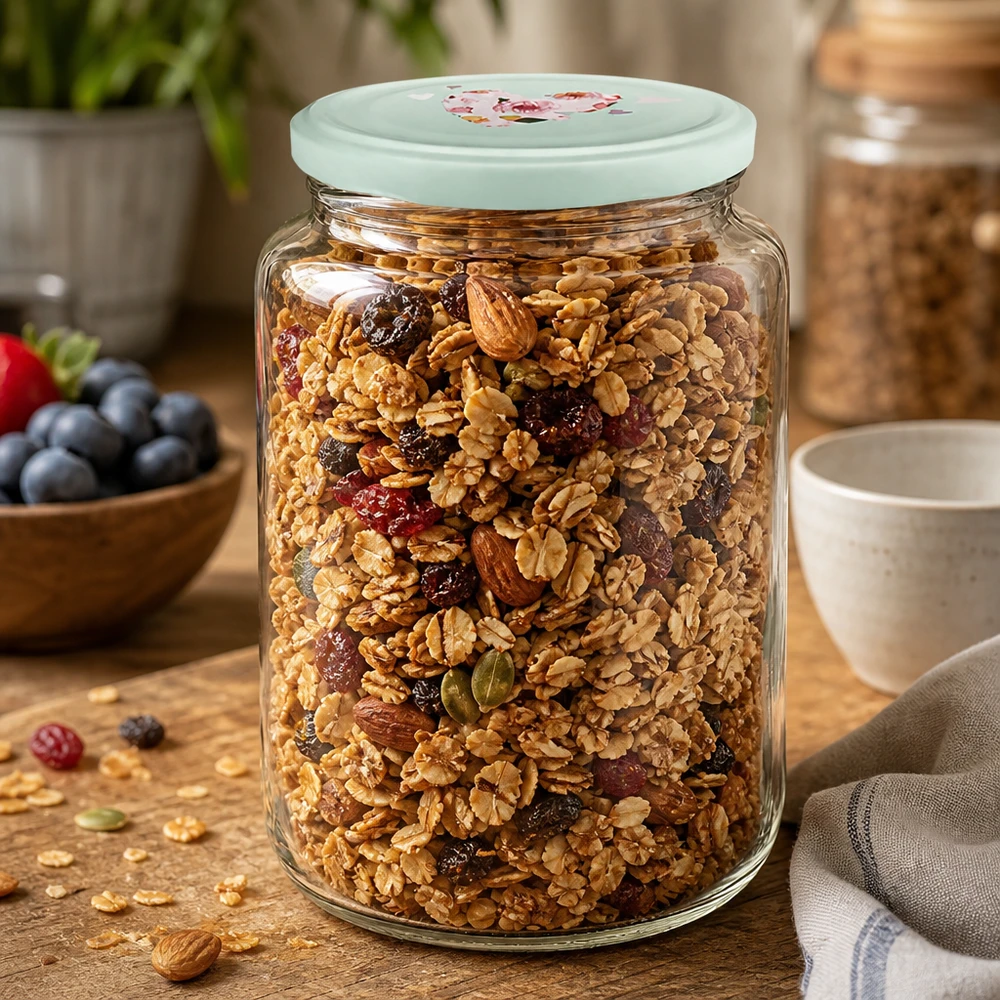 Ronde pot van 795 ml + BasicSeal-deksel met munt hart UNiTWIST 795 ml ronde pot gevuld met muesli en noten toont mint hartvormige deksel als praktische voorraadpot voor ontbijtgranen