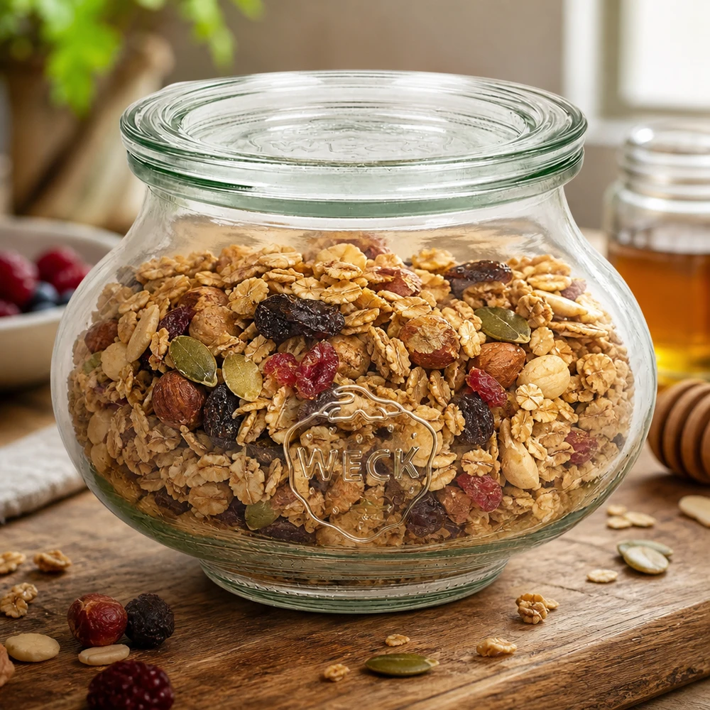 560 ml sierpot met glazen deksel WECK RR80 WECK decoratieve pot 560ml RR80 met zelfgemaakte muesli noten gedroogd fruit als voorraadpot op een houten tafel