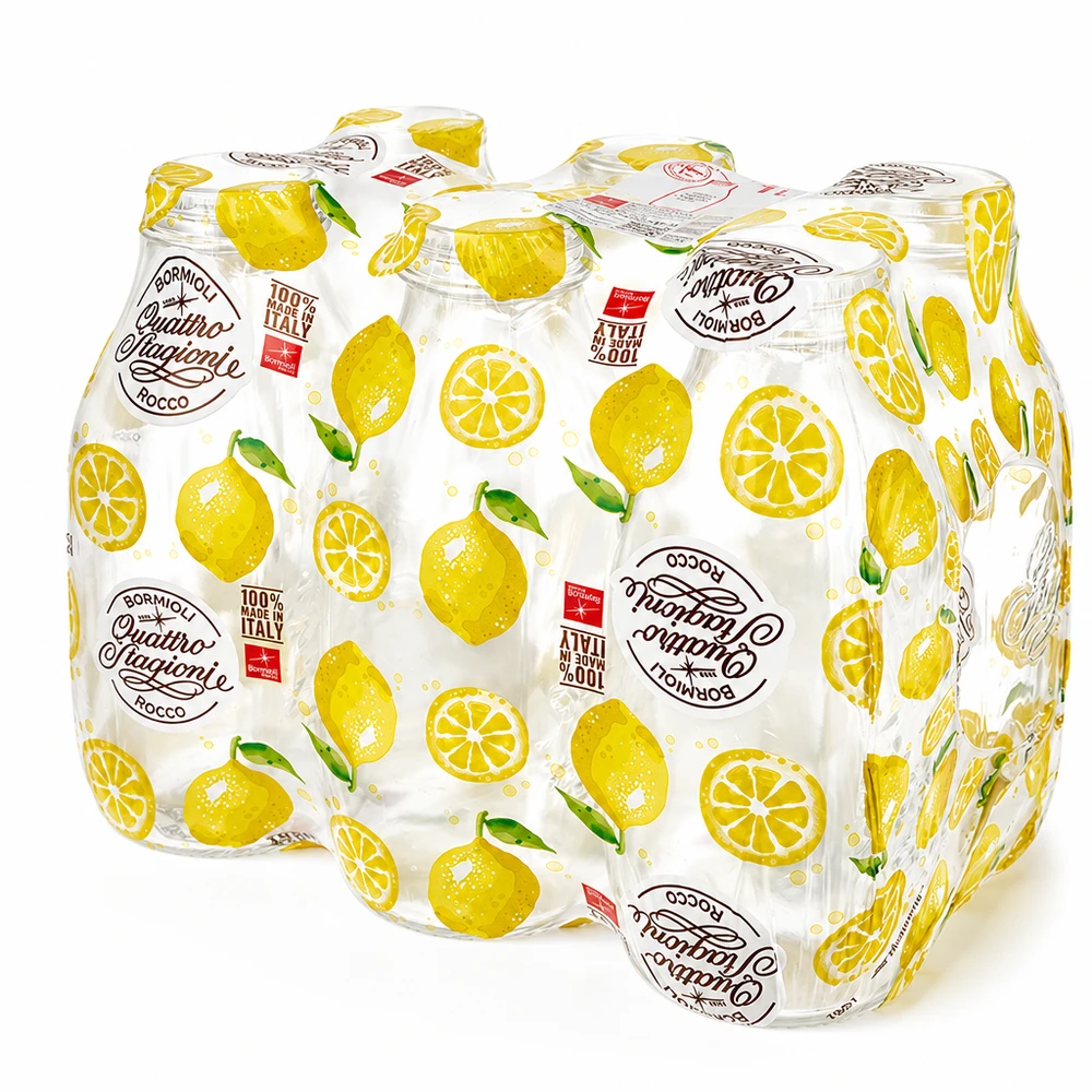 Set van 6 Quattro Stagioni glazen flessen 1000ml verpakt in folie, Bormioli Rocco melkflessen met citroenmotief