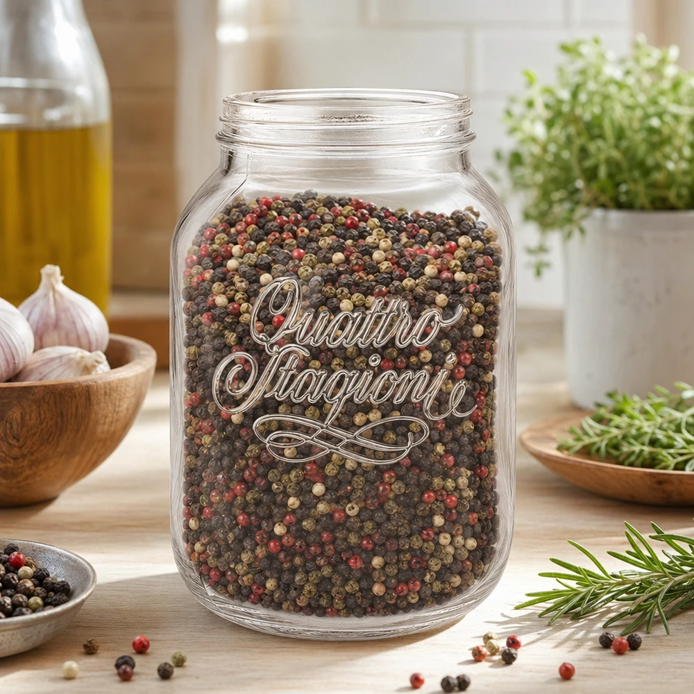 3000ml huishoudpot Quattro Stagioni gevuld met kleurrijke peperkorrels in een moderne keuken met kruiden en specerijen