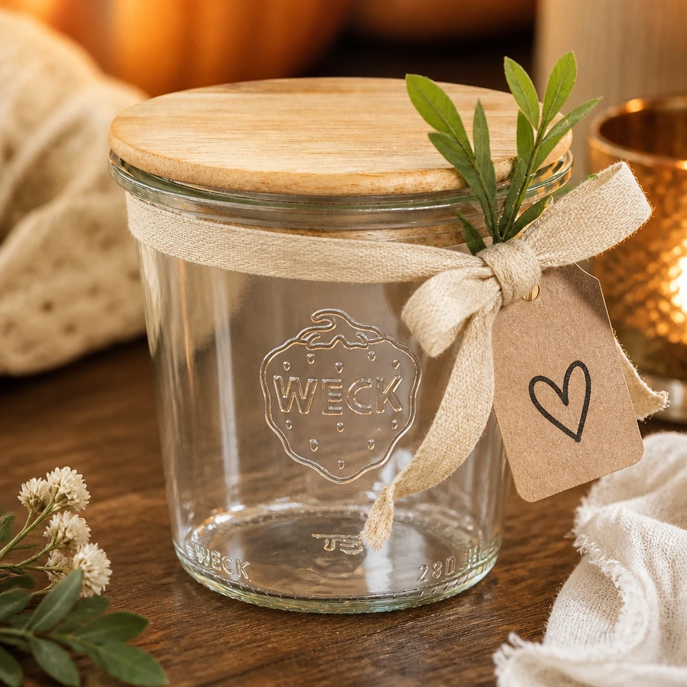 WECK beker 290ml RR80 met bamboe deksel en cadeaulabel als decoratie met kruiden en stoffen lint