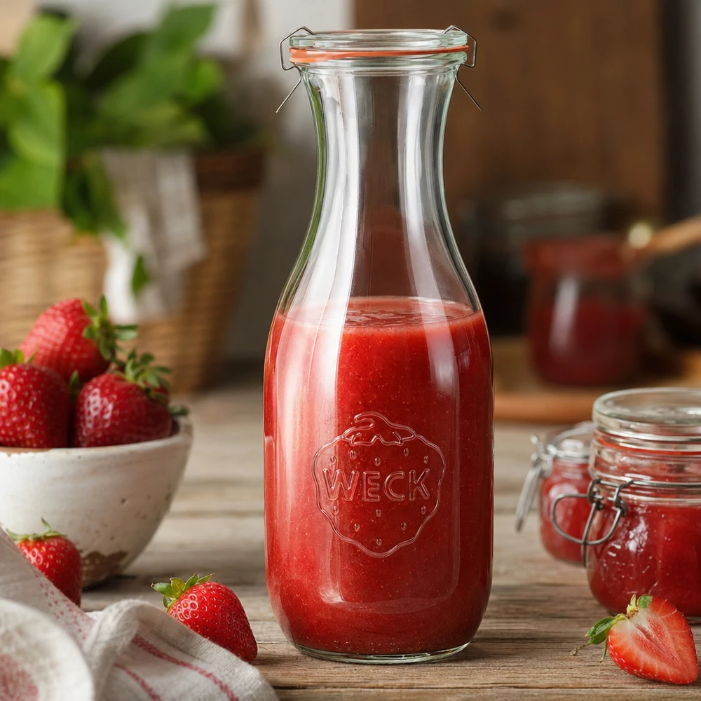 1062 ml sapfles, compleet WECK RR60 WECK sapfles 1062ml RR60 gevuld met rode aardbeiensap decoratief opgesteld in de keuken met verse aardbeien