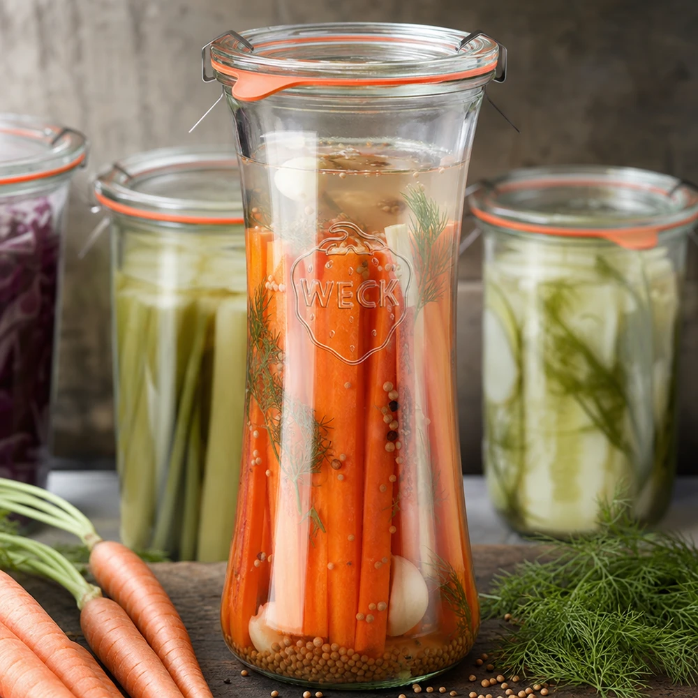 WECK delicatessenpot 700ml RR80 met ingemaakte wortelen en dille, gefermenteerde groenteconserven in inmaakpotten