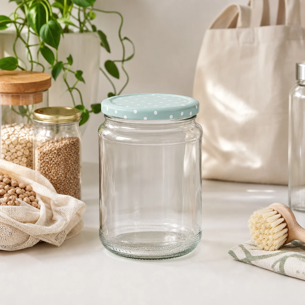 Ronde pot van 375 ml + deksel BasicSeal mint lichtpuntjes UNiTWIST 375ml ronde pot leeg BasicSeal deksel mint stippen zero waste keuken duurzame opslag glazen pot voorraadpot