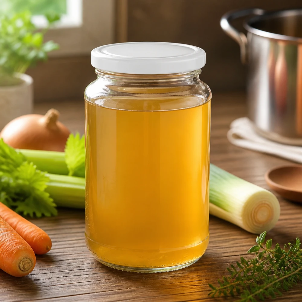 Rond glas van 320 ml + BasicSeal wit UNiTWIST Zelfgemaakte kippenbouillon in een UNiTWIST-ronde glazen pot van 320 ml met een witte BasicSeal op een houten ondergrond