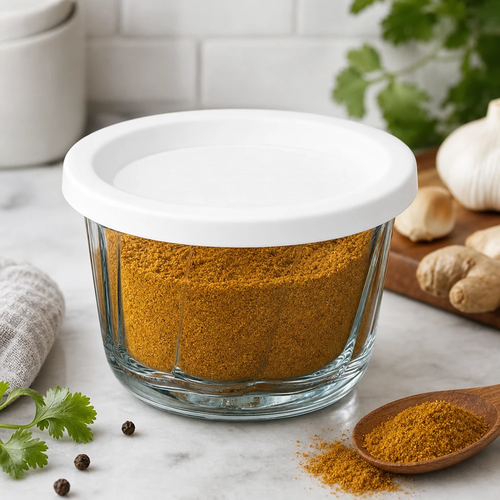 WECK Gugelhupf pot 165ml RR80 gevuld met specerijen als keukenopberger naast gember en knoflook op marmer