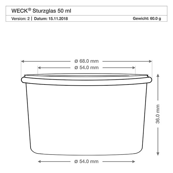 50ml stortglas compleet WECK RR60 WECK 50ml beker RR60 technische tekening met afmetingen - diameter 68mm, hoogte 36mm voor inmaakpotten
