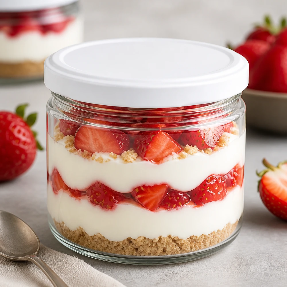 540ml rond glas met BasicSeal deksel wit UNiTWIST 540 ml BasicSeal wit rond glas als dessertglas met aardbeientiramisu - stijlvol portieglas voor desserts