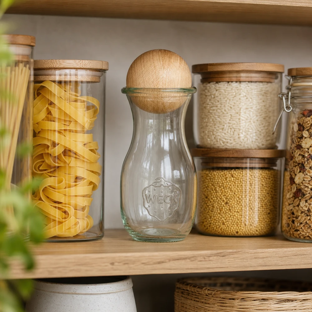 290ml sapflessen WECK RR60 met houten bal WECK glazen fles 290ml RR60 met beuken bol in georganiseerde voorraadkast tussen pastapotten en voorraadpotten