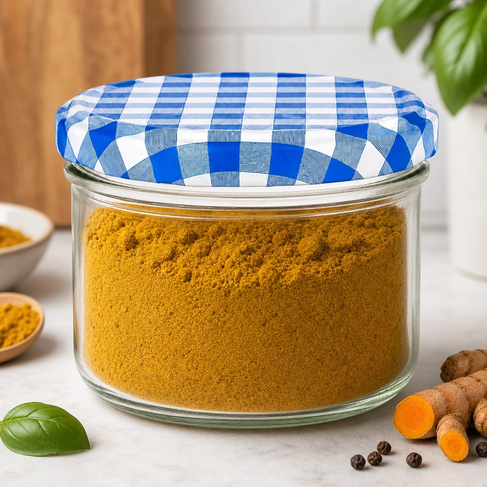 230ml cilindrische pot met BasicSeal deksel blauw UNiTWIST Kurkumapulver in 230ml Zylinderglas mit blau-weiss kariertem BasicSeal Deckel, Gewürzaufbewahrung, Vorratsglas