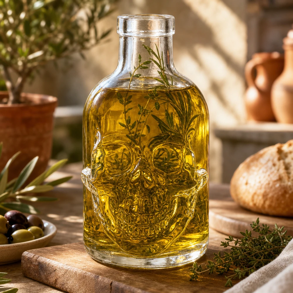 200 ml glazen fles Jack zonder sluiting UNiTWIST® Schedel glazen fles 200ml Jack gevuld met kruidenolie decoratief gerangschikt op houten plank keuken decor