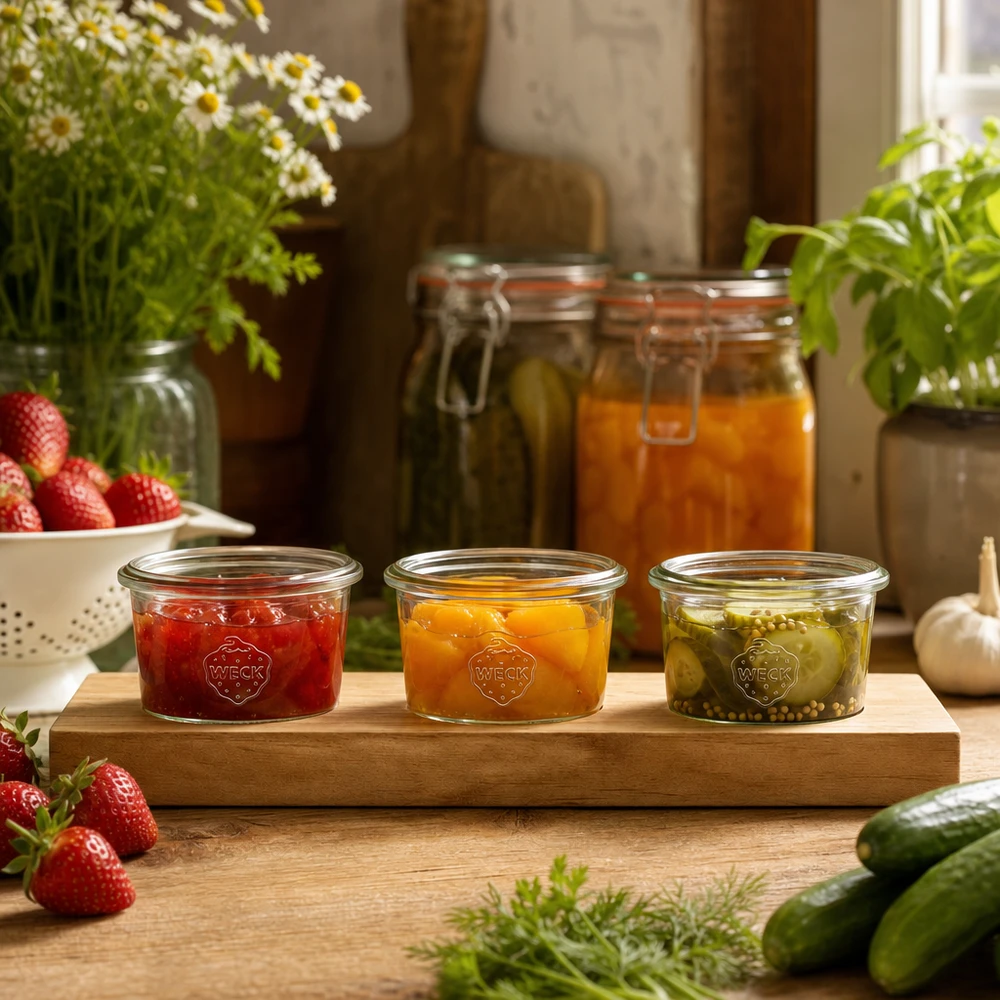 Weck bekers 80ml met kleurrijke jam en pickles op houten serveerplank in rustieke keuken