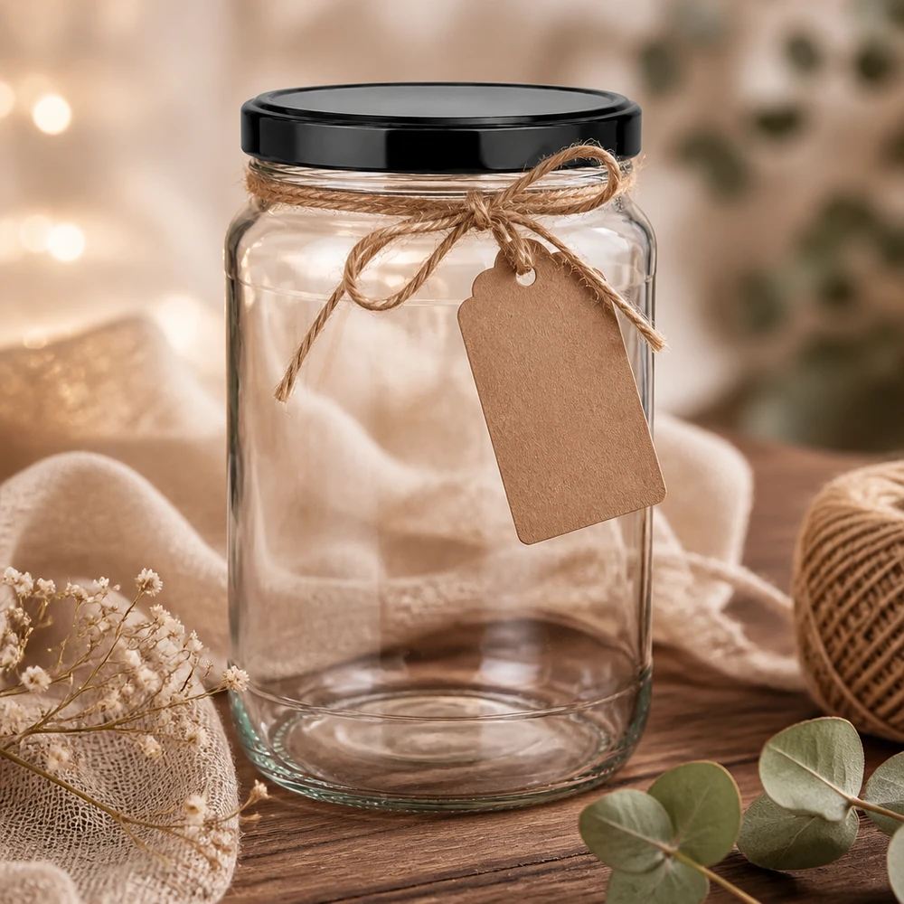 1700ml rond glas met BasicSeal deksel zwart UNiTWIST Lege 1700ml ronde pot zwart BasicSeal deksel raffia kraftpapier label cadeauverpakking decoratie