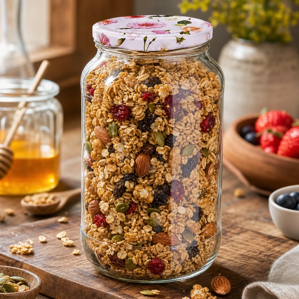 Ronde pot 1062 ml + deksel BasicSeal roze bloem UNiTWIST Voorraadpot 1062ml gevuld met muesli roze bloem deksel BasicSeal perfect voor droogvoer Keuken decoratie