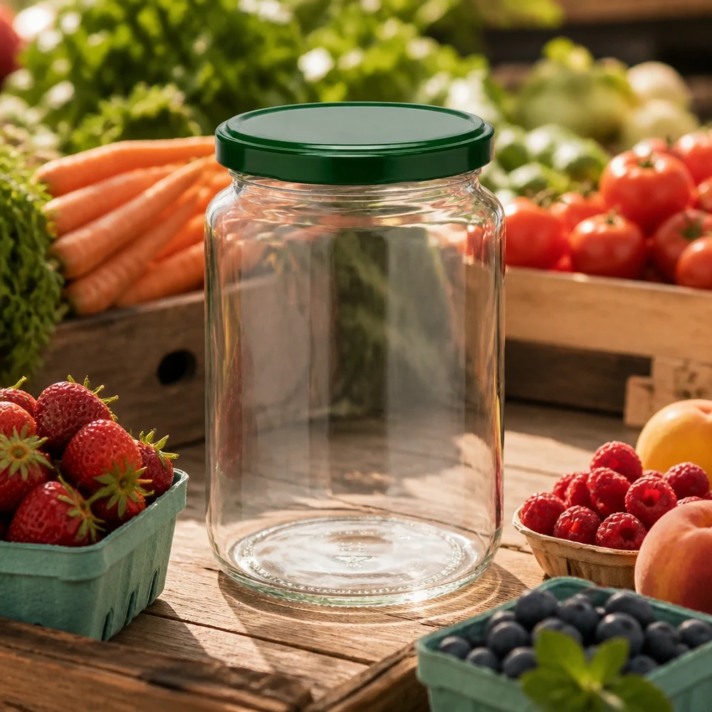 795ml rond glas met BasicSeal deksel groen UNiTWIST Lege ronde UNiTWIST-pot van 795 ml met groen deksel, omringd door verse bessen, fruit en groenten op een houten basis