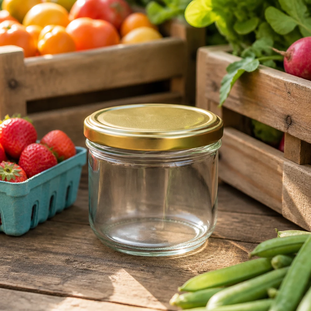 260ml bekers met BasicSeal deksel goud UNiTWIST 260 ml BasicSeal gouden UNiTWIST-tumblers tussen vers fruit en groenten tonen geschiktheid voor inmaakpotten
