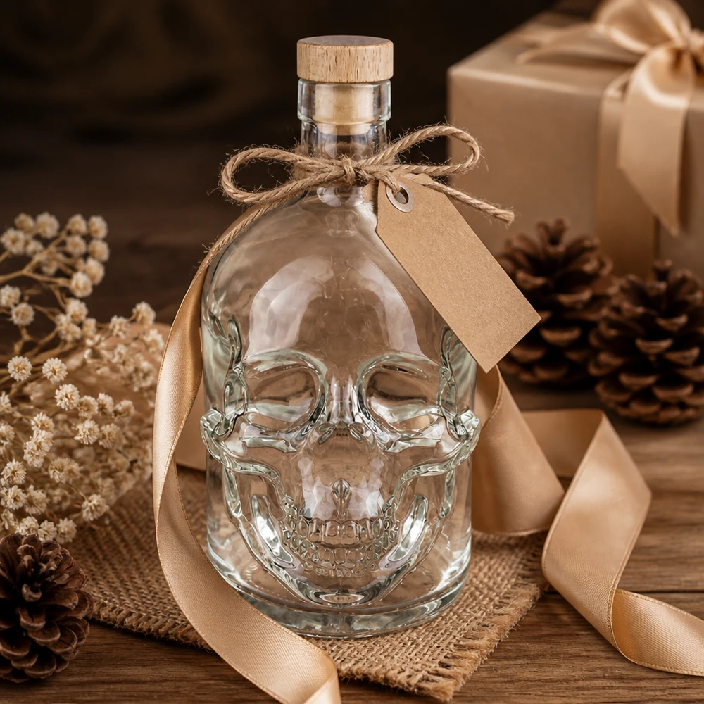 700 ml glazen fles Jack met houten kurk UNiTWIST® Totenkopf-Glasflasche 700ml mit Jutesack, Geschenkverpackung und Holzkorken als Dekoration arrangiert