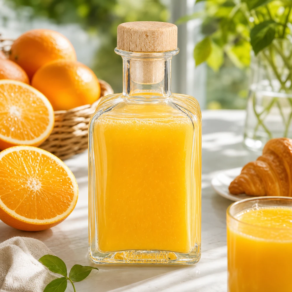 200 ml Apothekersfles Clara met houten handgreepkurk UNiTWIST® 200ml glazen fles Clara gevuld met sinaasappelsap houten kurk decoratie keuken verse sinaasappels ontbijt styling