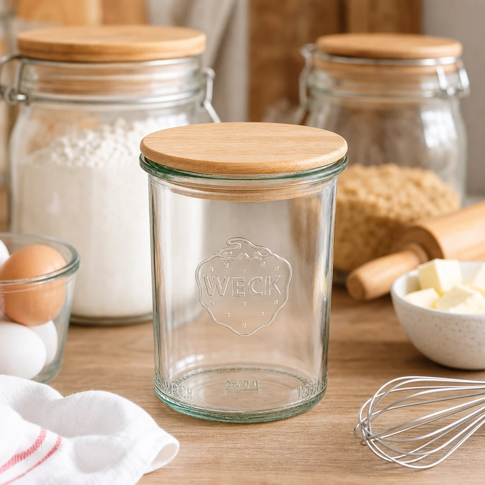 WECK 160ml RR60 mason jar met houten deksel in een rustieke keuken tussen bakingrediënten en kookgerei