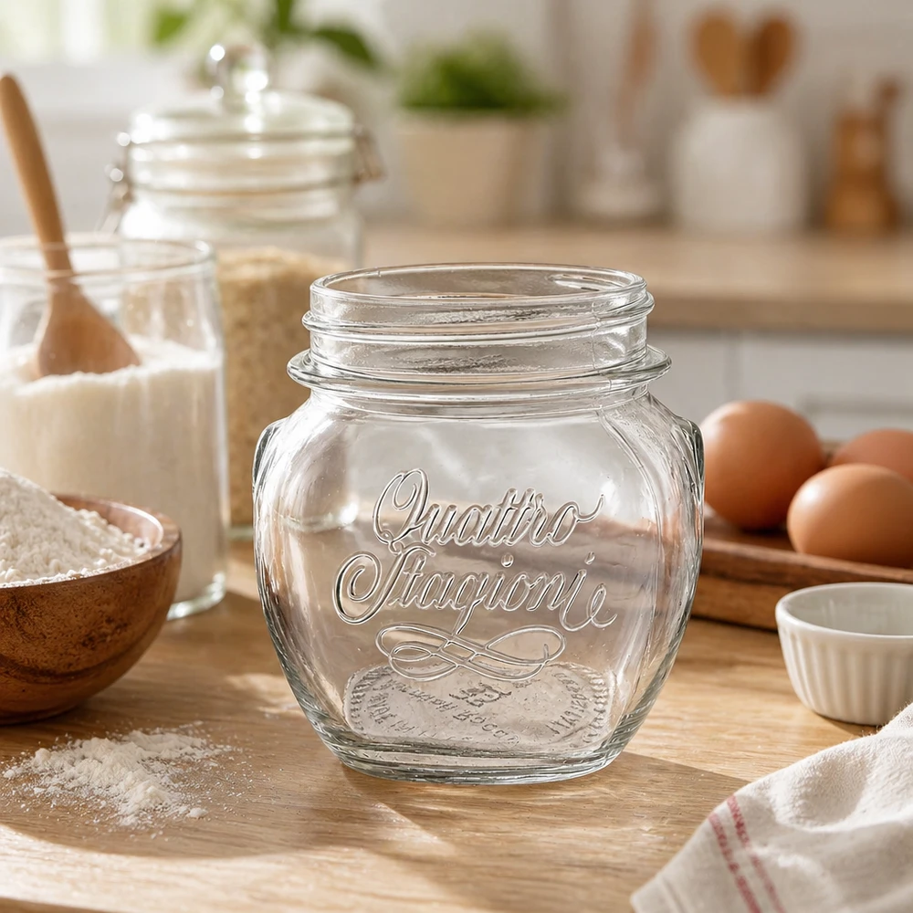 300ml Quattro Stagioni huishoudglas op een houten plank in een rustieke keuken met bakingrediënten en eieren