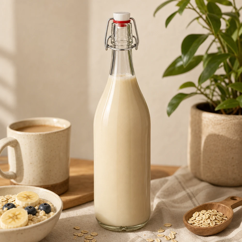 1000ml glazen fles + draaidop PVC UNiTWIST 1000ml glazen fles met draaidop gevuld met havermelk op houten tafel naast koffiekopje en havervlokken