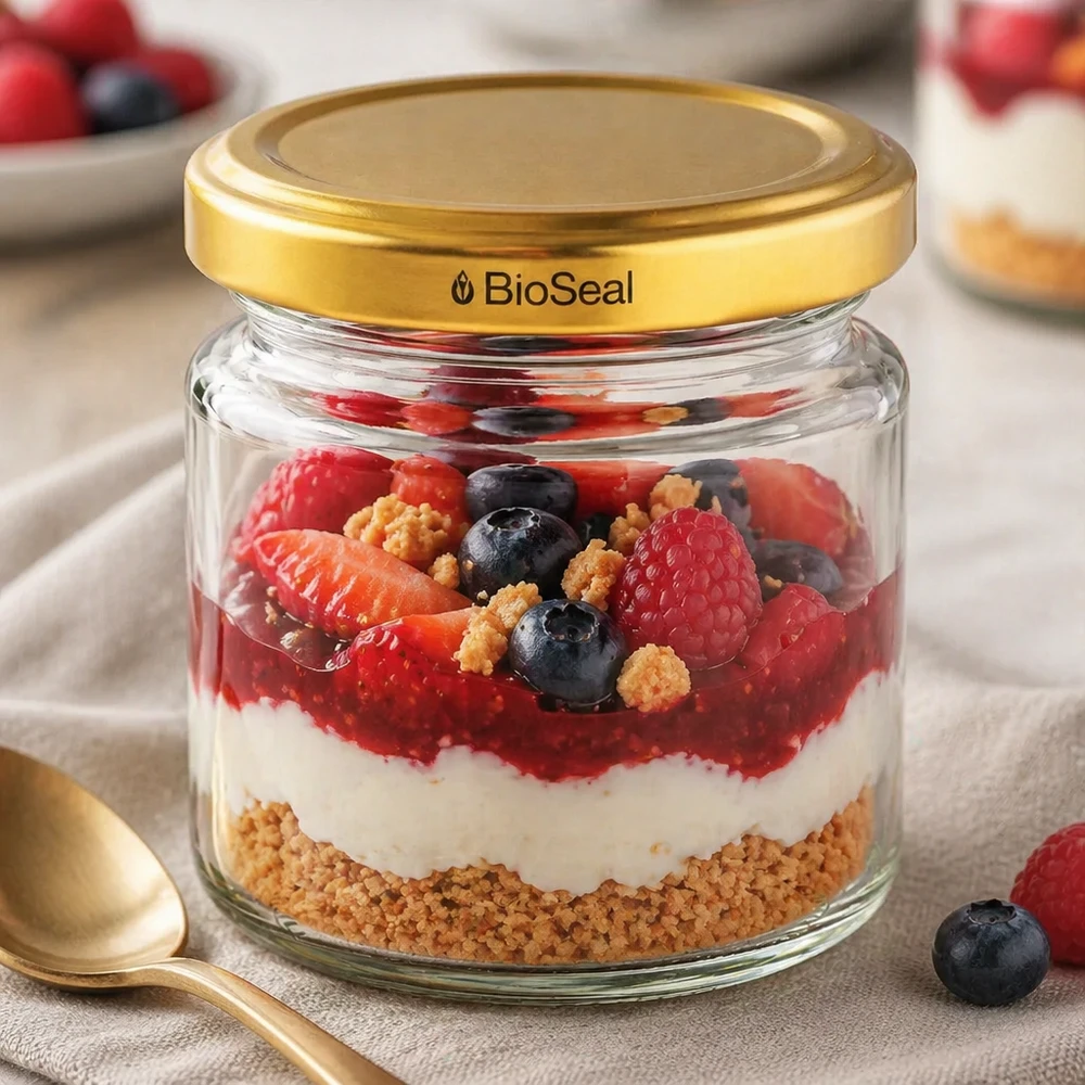 UNiTWIST Runda53 met gouden TO43 BioSeal deksel als dessertpot voor bessenyoghurt gelaagd dessert met biscuitbodem