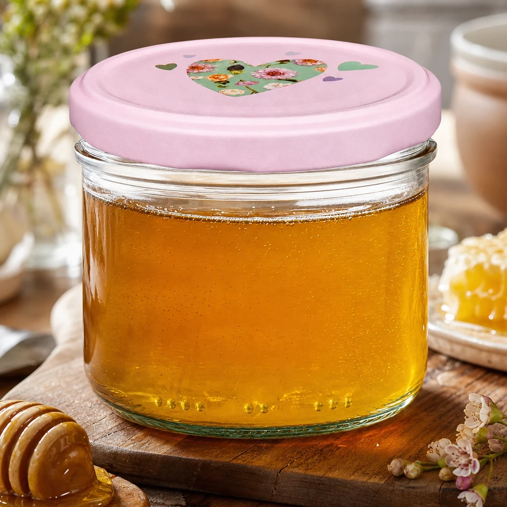 230ml cilindrische pot met roze hartvormig deksel gevuld met goudgele honing, honingpot op houten plank met honinglepel