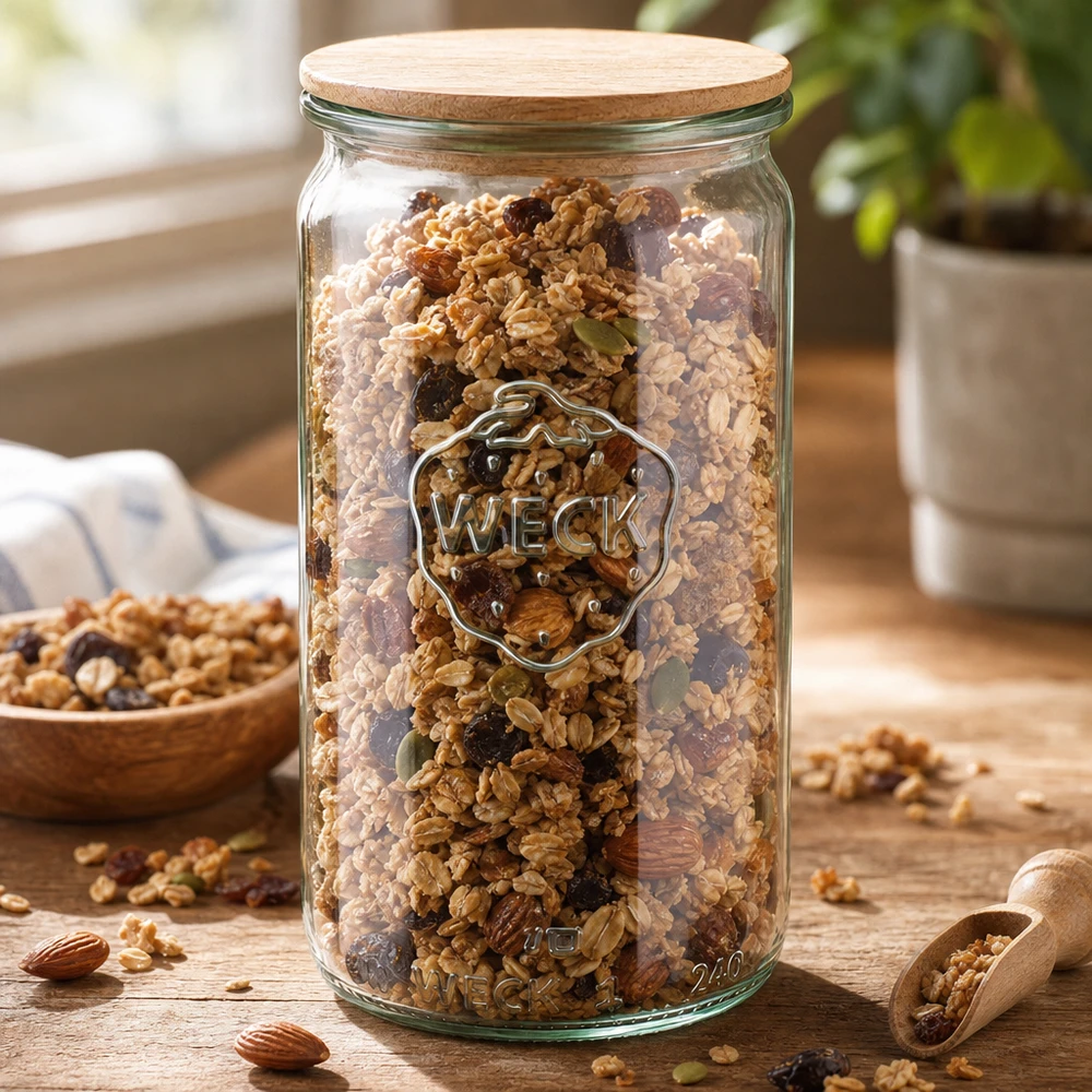340ml cilinderglas WECK RR60 met hout deksel WECK cilinderpot 340ml RR60 gevuld met muesli en noten als voorraadpot met houten deksel op aanrecht