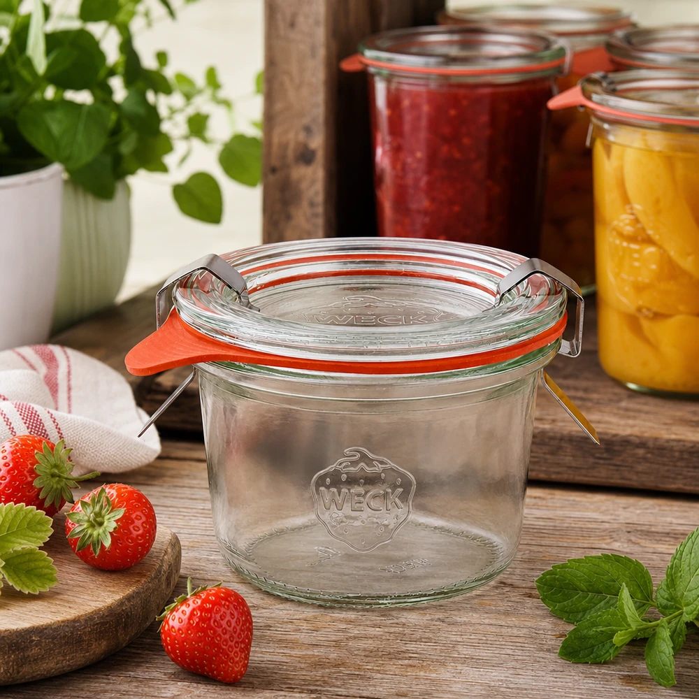 80ml stortglas compleet WECK RR60 WECK 80ml RR60 bekers in een rustieke keuken met aardbeien en inmaakpotten met jam op de achtergrond