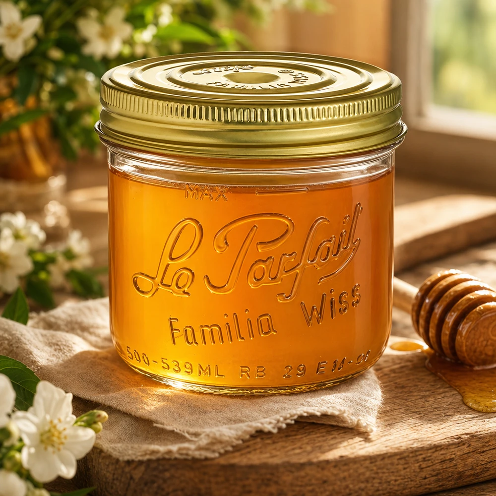 Le Parfait® Familia Wiss 500 g Ø100 mm pot 539ml Familia Wiss bekers met gouden deksel gevuld met honing op een houten tafel met honinglepel en bloemen