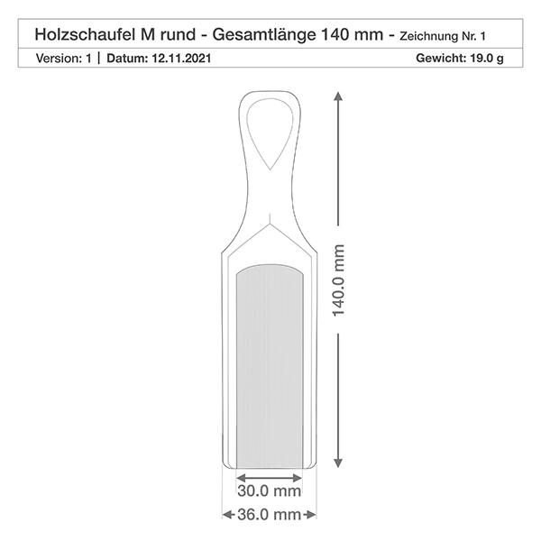 Houten schep maat M halfronde vorm - 140mm lang Technische tekening van de houten schep M met afmetingen 140mm lengte en 36mm breedte inclusief gewichtsspecificatie