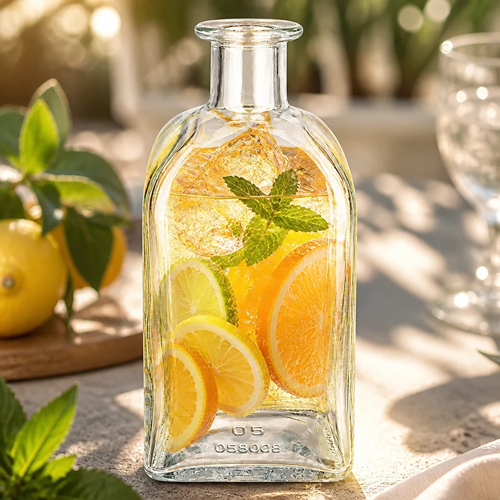 500 ml Apothekersfles Julia zonder sluiting UNiTWIST® 500 ml Julia glazen fles gevuld met citrusvruchteninfusie en munt in een zonnige tuin als verfrissend drankje