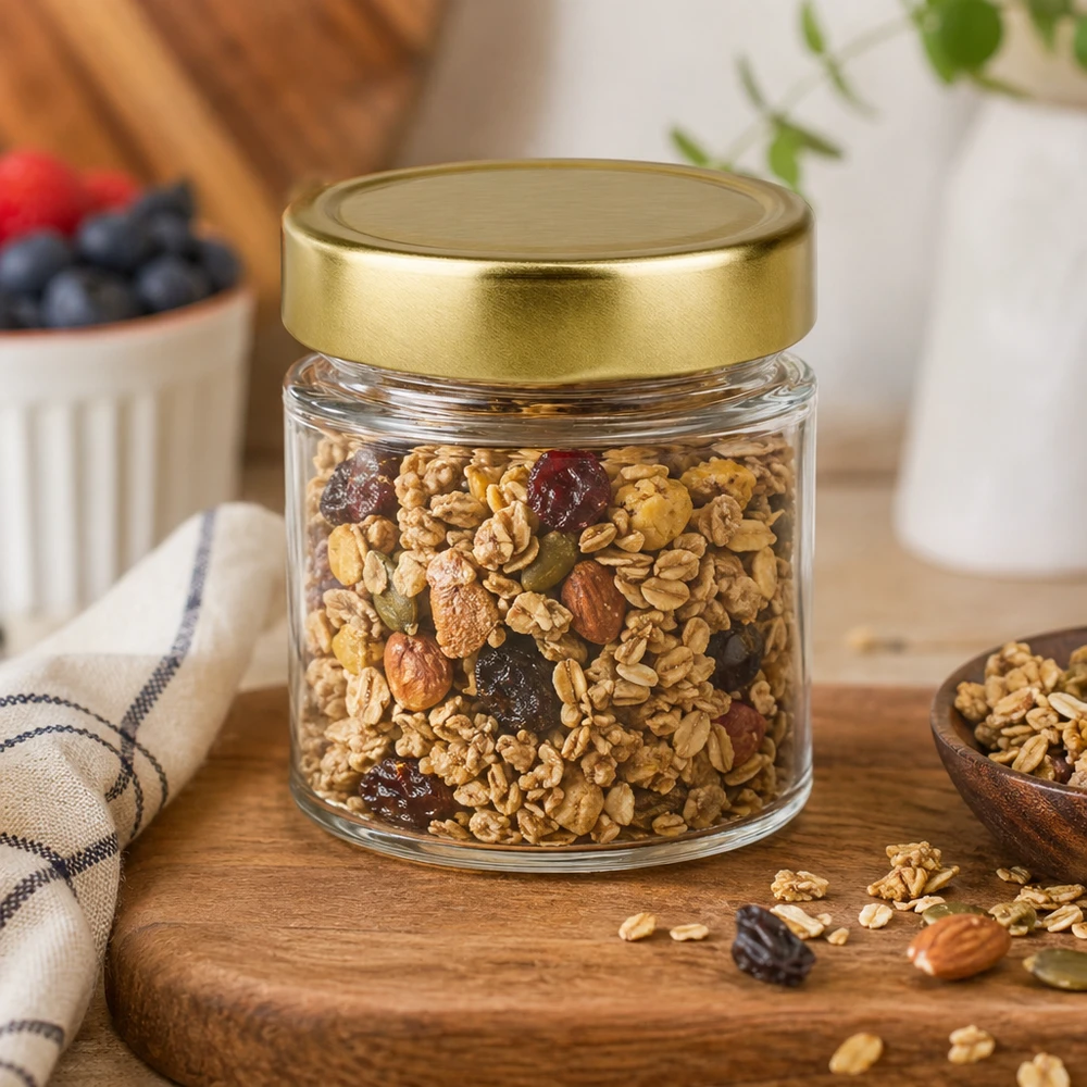 154ml rond glas met BasicSeal deksel goud deep UNiTWIST 154ml ronde pot BasicSeal goud gevuld met notenmix walnoten amandelen sultana's muesli granola houten tafel keuken