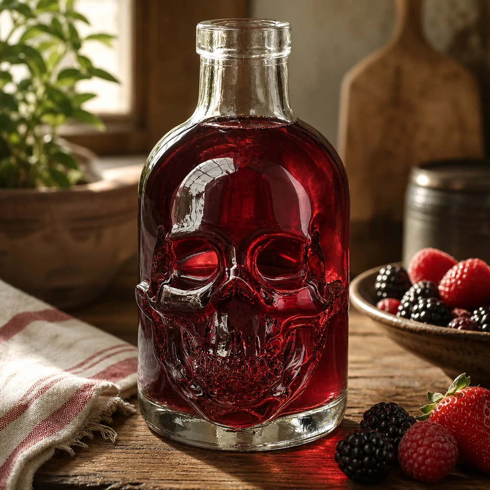 200 ml glazen fles Jack zonder sluiting UNiTWIST® Totenkopf Glasflasche Jack 200ml mit roter Flüssigkeit befüllt neben Beeren rustikale Küchendekoration UNiTWIST